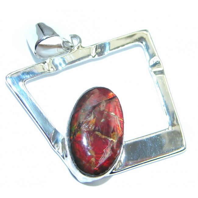 Natural Red Fire Ammolite hammered Sterling Silver Pendant