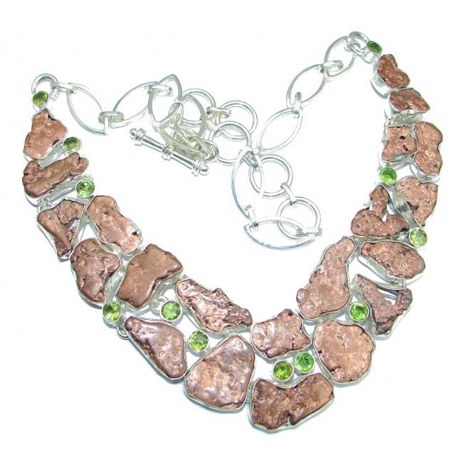 Unusal Style Copper Nuggets Peridot Sterling Silver handmade necklace