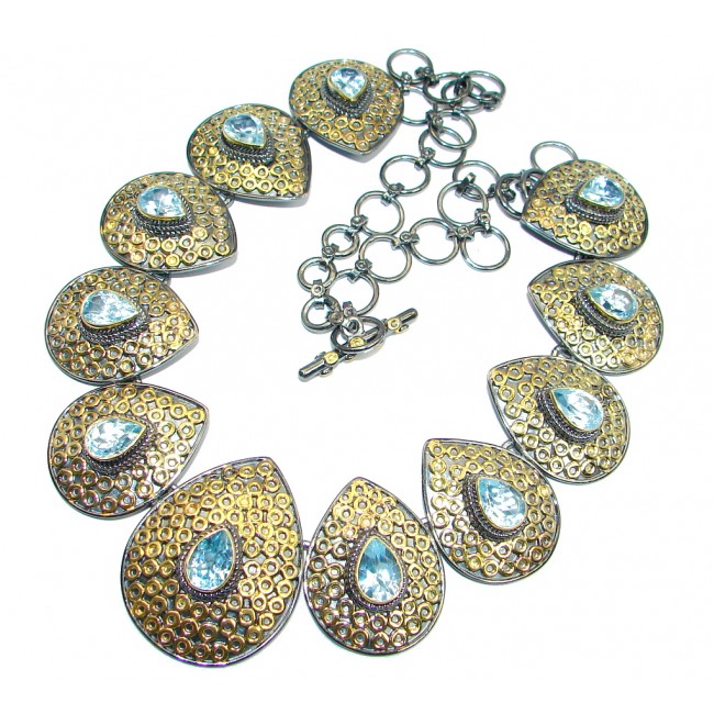 Rich Byzantine Design Genuine Swiss Blue Topaz Gold plated over Sterling Silver handmade necklace