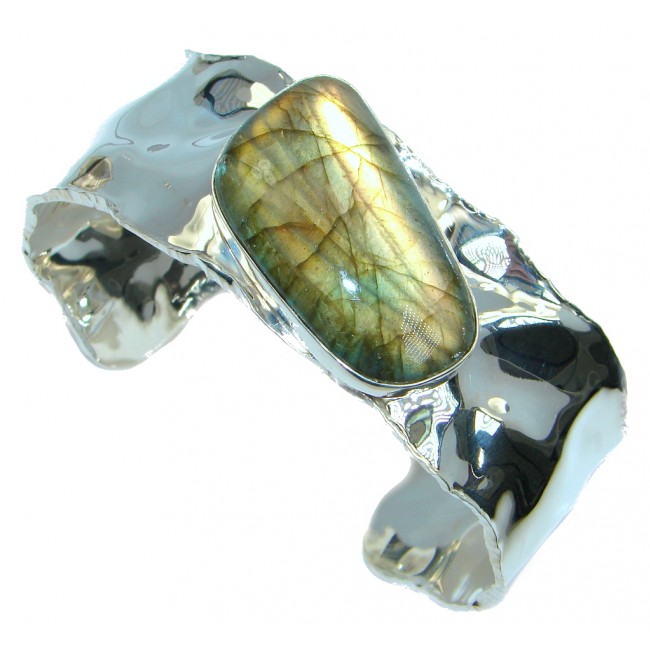 Large Natural AAA Labradorite Hammered Sterling Silver Bracelet / Cuff