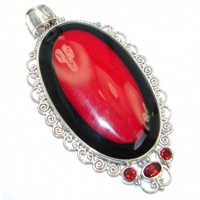 Red Fossilized Coral Garnet Sterling Silver handmade pendant