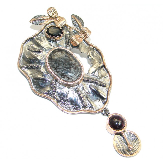 Beautiful Natural Tourmalinated Quartz Rose Gold plated over Sterling Silver Pendant