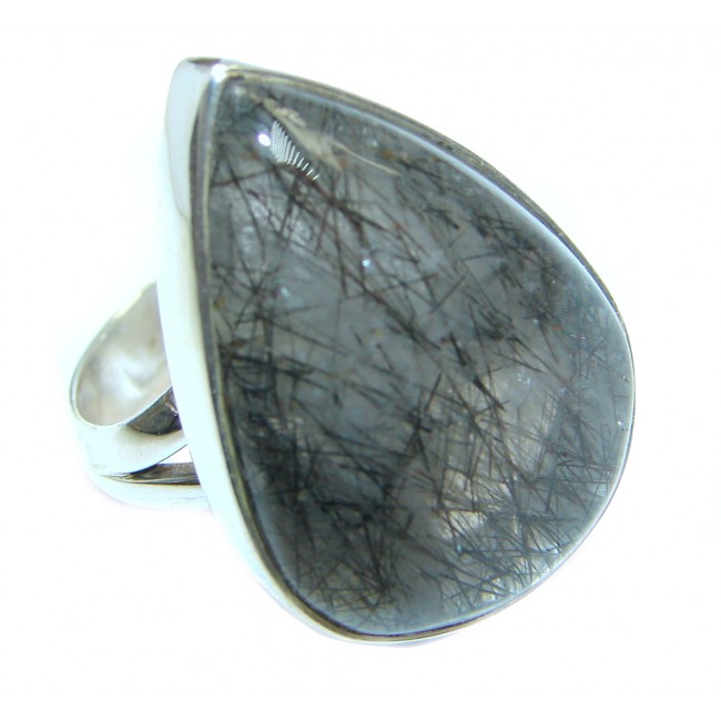 Secret Black Tourmalinated Quartz Sterling Silver Ring size adjustable