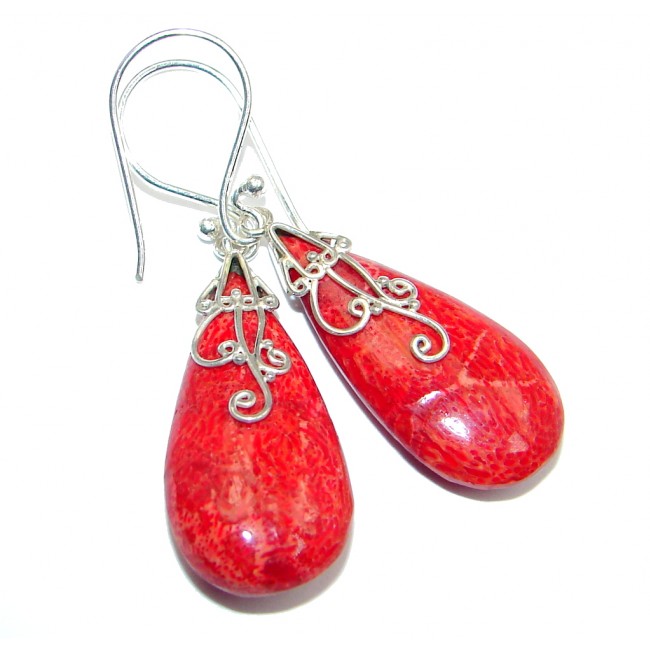Deep Love Red Fossilized Coral Sterling Silver handmade earrings