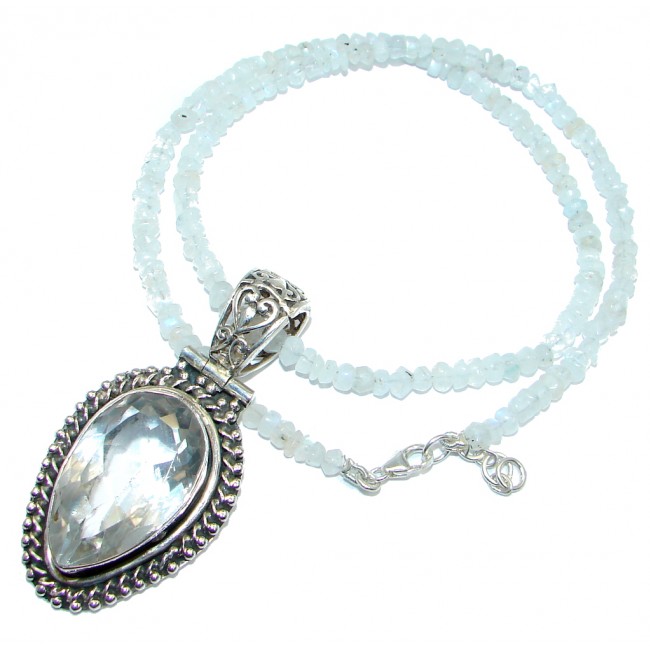 Classic Design White Topaz Moonstone Beads Strand Sterling Silver handcrafted necklace