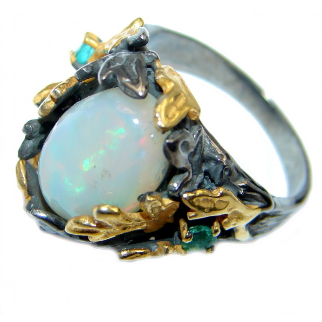 Unique Natural Ethiopian Opal Emerald Gold Rhodium plated over Sterling Silver ring s. 7 3/4