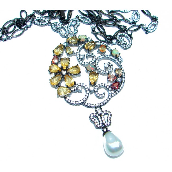 Genuine Ethiopian Opal Citrine Black Rhodium plated over Sterling Silver handcrafted necklace