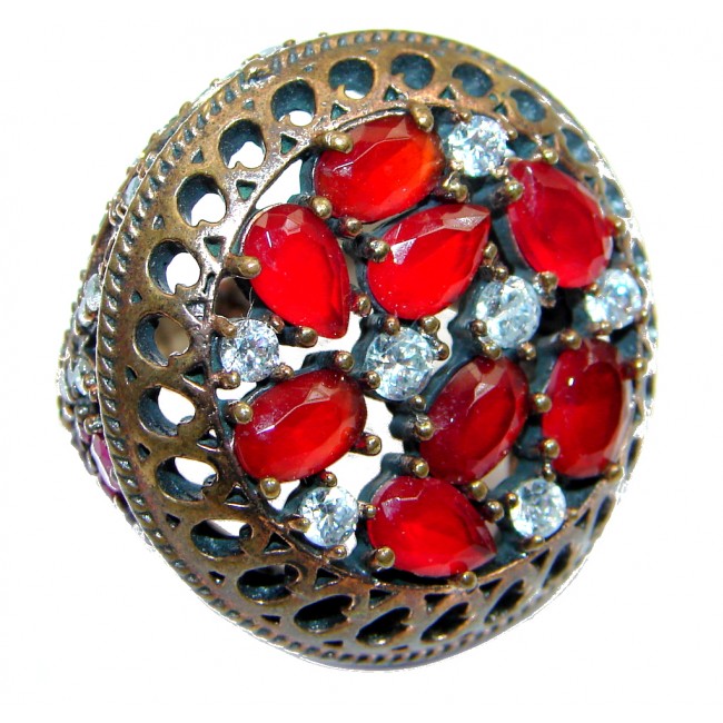 Victorian Style created Ruby & White Topaz Sterling Silver ring; s. 7