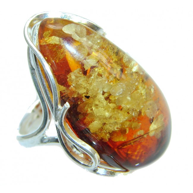 Chunky Genuine Baltic Polish Amber Sterling Silver handmade Ring size adjustable