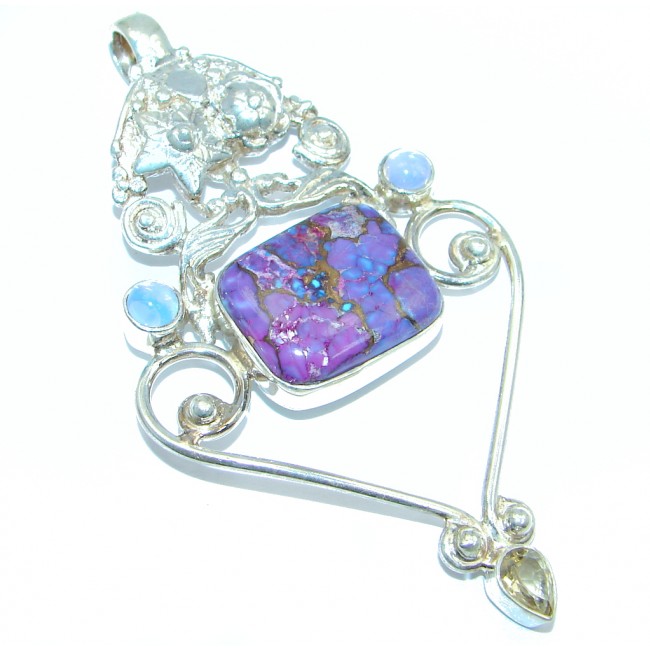 Oriental Design Genuine Purple Turquoise Sterling Silver handmade Pendant