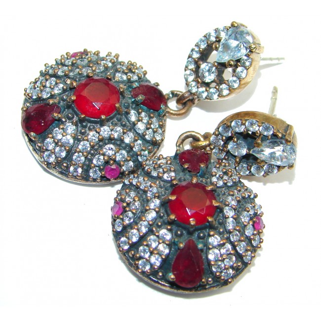 Large Victorian Style created Red Ruby Sterling Silver chandelier earrings