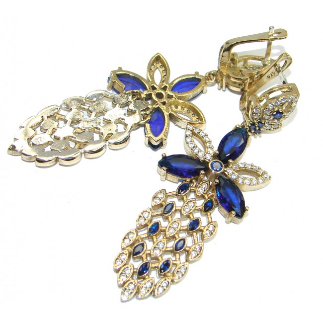 Huge Victorian Style created Sapphire & White Topaz Sterling Silver earrings
