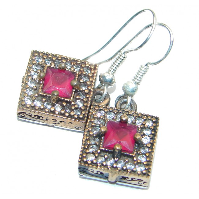Victorian Style created Red Ruby Sterling Silver chandelier earrings