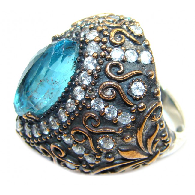 Large Victorian Style created Blue Topaz Copper over Sterling Silver ring; s. 9 1/4