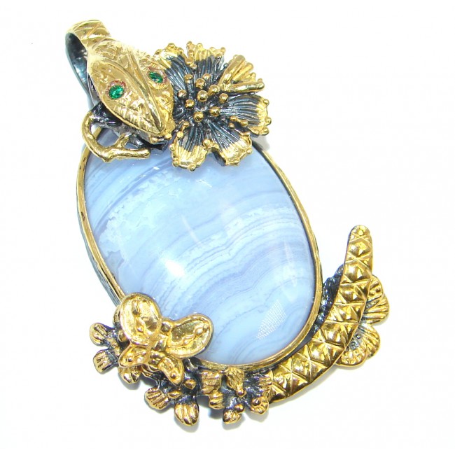 Snake Light Blue Lace Agate Emerald Gold plated over Sterling Silver Pendant