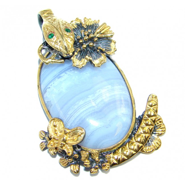 Snake Light Blue Lace Agate Emerald Gold plated over Sterling Silver Pendant