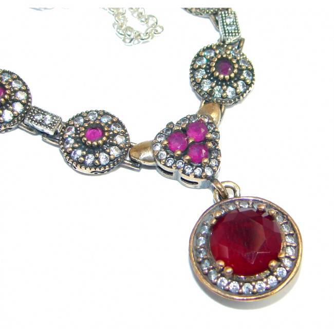 Victorian created Ruby Emerald & White Topaz Sterling Silver necklace