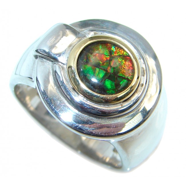 Authentic Canadian Orange Fire Ammolite Two Tones Sterling Silver ring size 7