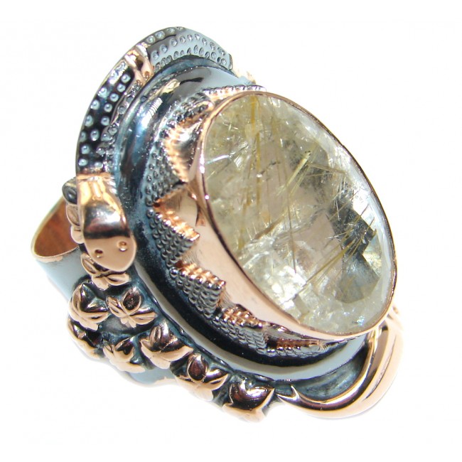 Huge Golden Rutilated Quartz Rose Gold plated over Sterling Silver handmade Ring size adjustable