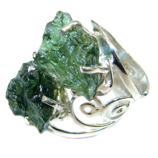 Large genuine Green Moldavite Sterling Silver Ring size adjustable