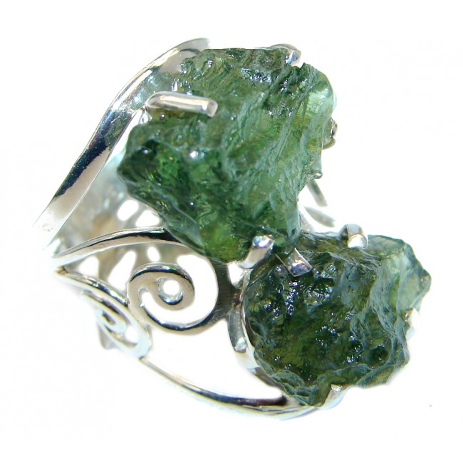 Large genuine Green Moldavite Sterling Silver Ring size adjustable