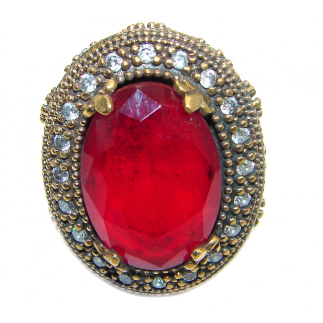 Victorian Style created Ruby & White Topaz Sterling Silver ring; s. 6
