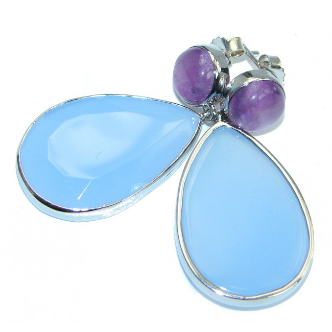 Excellent Chalcedony Agate Amethyst Sterling Silver stud earrings