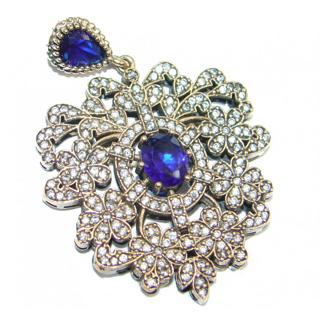 Victorian Style Created Blue Sapphire & White Topaz Sterling Silver Pendant