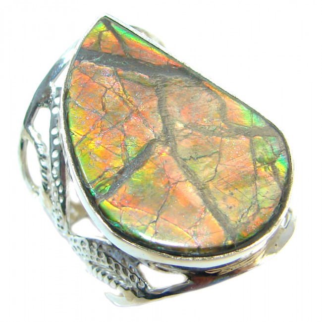Authentic Canadian Red Fire Ammolite Sterling Silver ring size 10