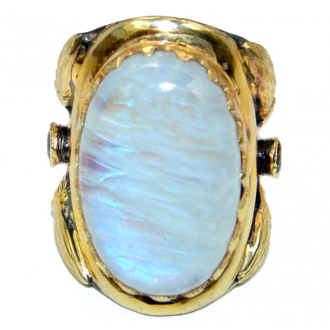 Huge Fire Moonstone Gold plated over Sterling Silver handmade ring size 8
