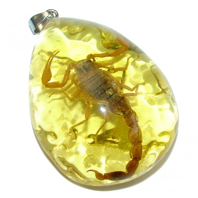 Large created Copal with genuine Scorpio Inclusion Sterling Silver Pendant