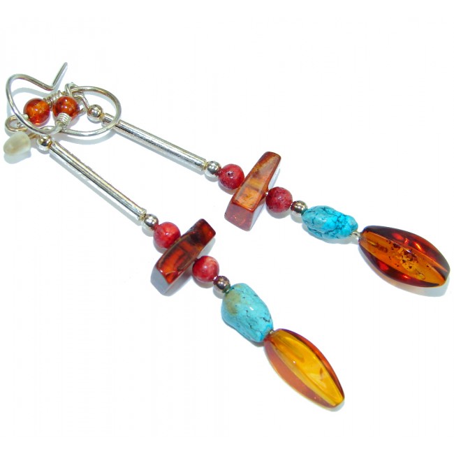 Genuine Long Baltic Polish Amber Turquoise Sterling Silver Earrings