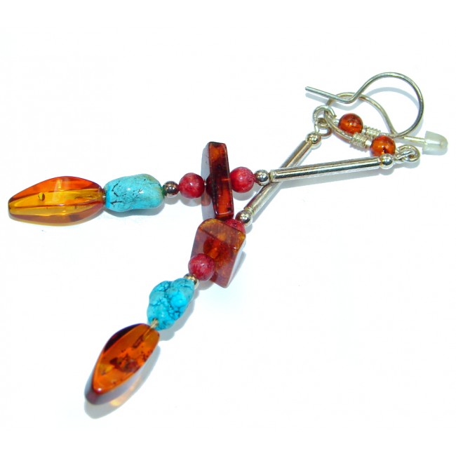 Genuine Long Baltic Polish Amber Turquoise Sterling Silver Earrings