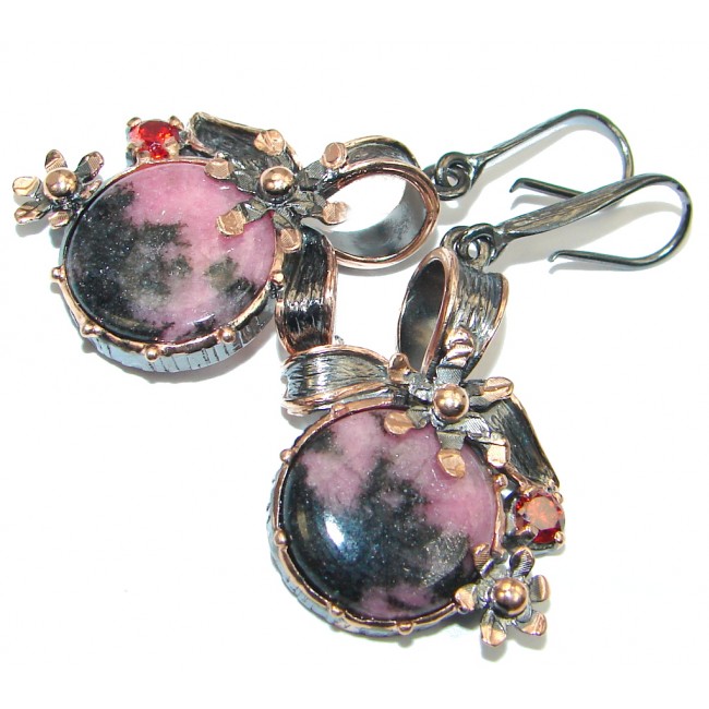 Huge and Bold Pink Rhodonite Garnet Rose Gold plated over Sterling Silver handmade earrings