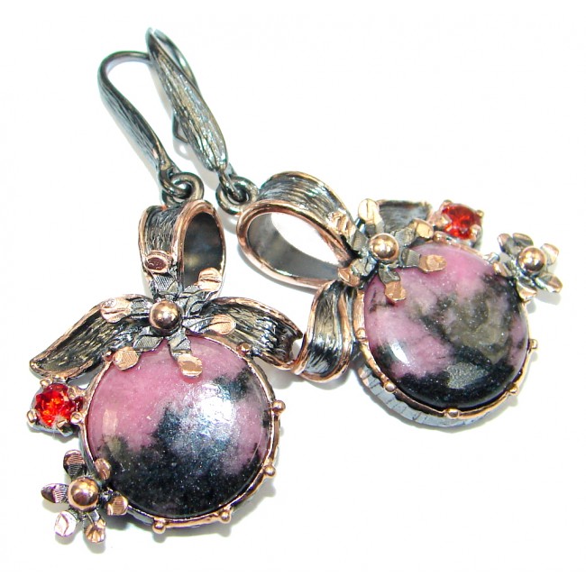 Huge and Bold Pink Rhodonite Garnet Rose Gold plated over Sterling Silver handmade earrings