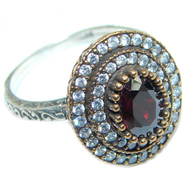 Victorian Style created Ruby & White Topaz Sterling Silver ring; s. 8 1/4