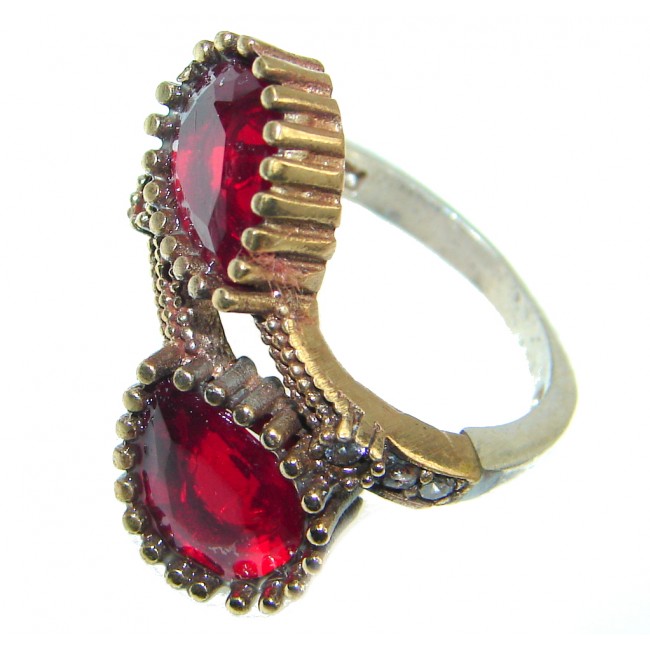 Victorian Style created Ruby & White Topaz Sterling Silver ring; s. 8