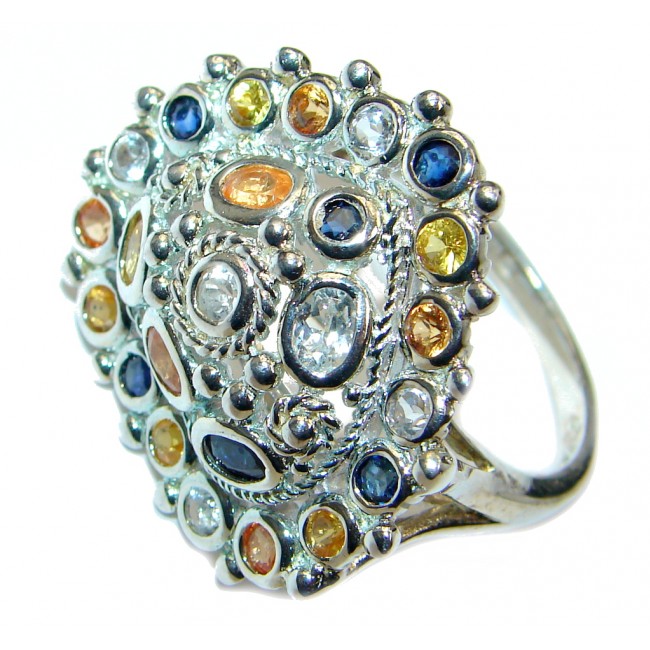 Amazing Multicolor Sapphire Rhodium Plated Sterling Silver Ring s. 9 3/4