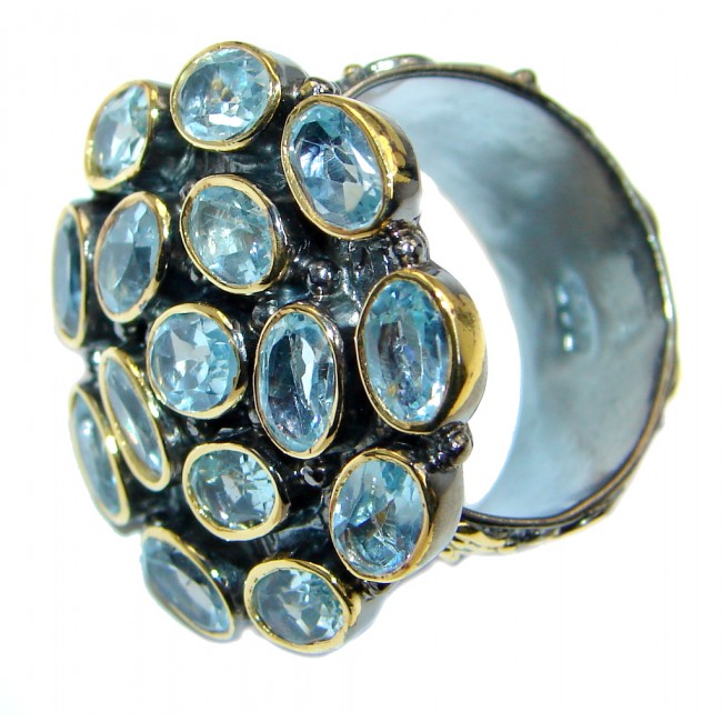 Exotic Swiss Blue Topaz Two Tones Sterling Silver Ring s. adjustable