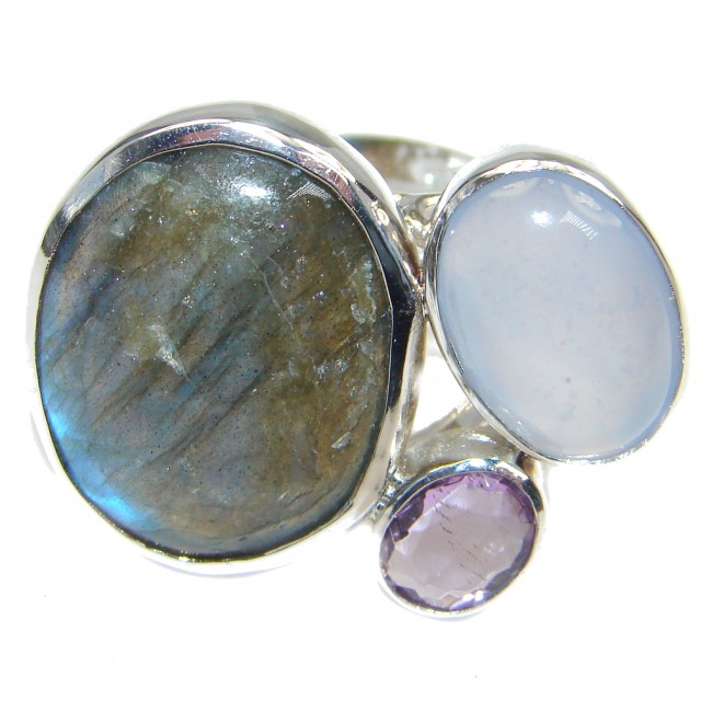 Blue Aura Fire Labradorite Amethyst Sterling Silver ring size 7 1/2