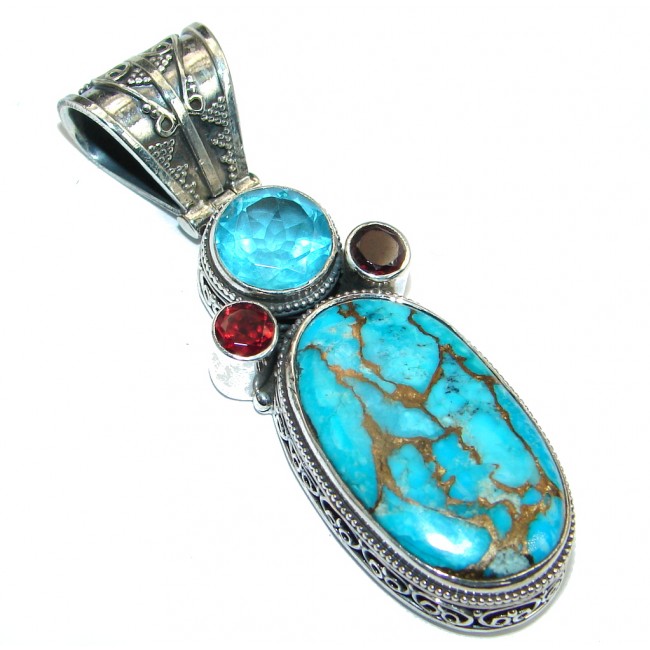 Blue Turquoise with copper vains Sterling Silver handmade Pendant