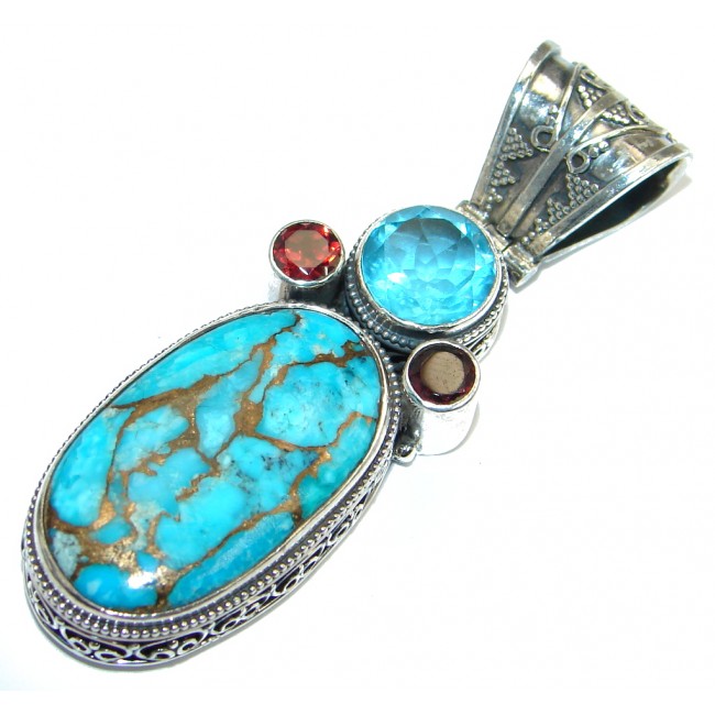 Blue Turquoise with copper vains Sterling Silver handmade Pendant