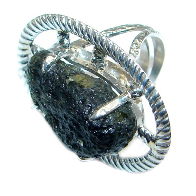 Large Authentic Green Moldavite Sterling Silver Ring size adjustable