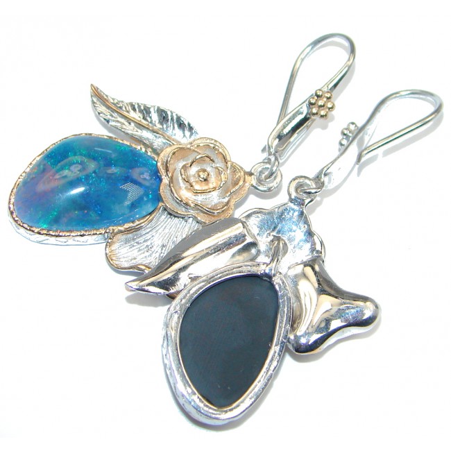 Ocean Blue Doublet Fire Opal Rose Gold Over Sterling Silver handmade earrings