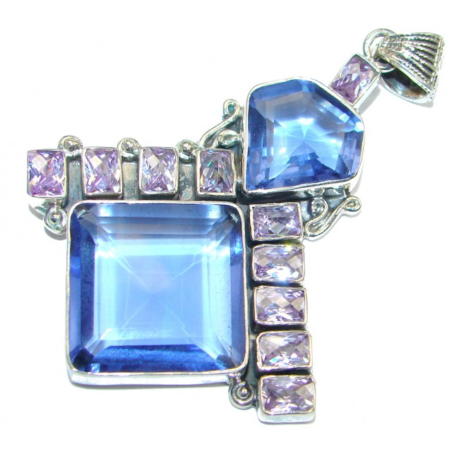Large Vintage Style created Tanzanite Sterling Silver handcrafted Pendant
