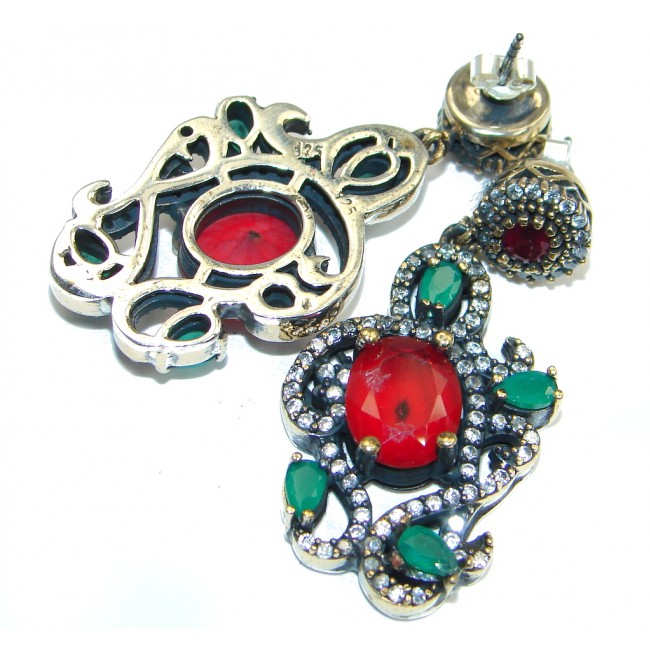 Huge Victorian Style created Red Ruby Sterling Silver earrings
