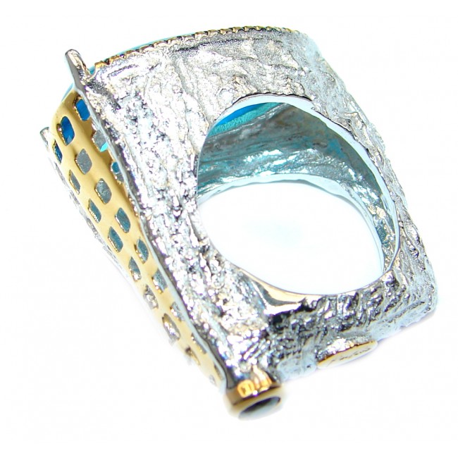 Large Caribbean Sea Blue Topaz Gold Plated Sterling Silver Ring s. 7