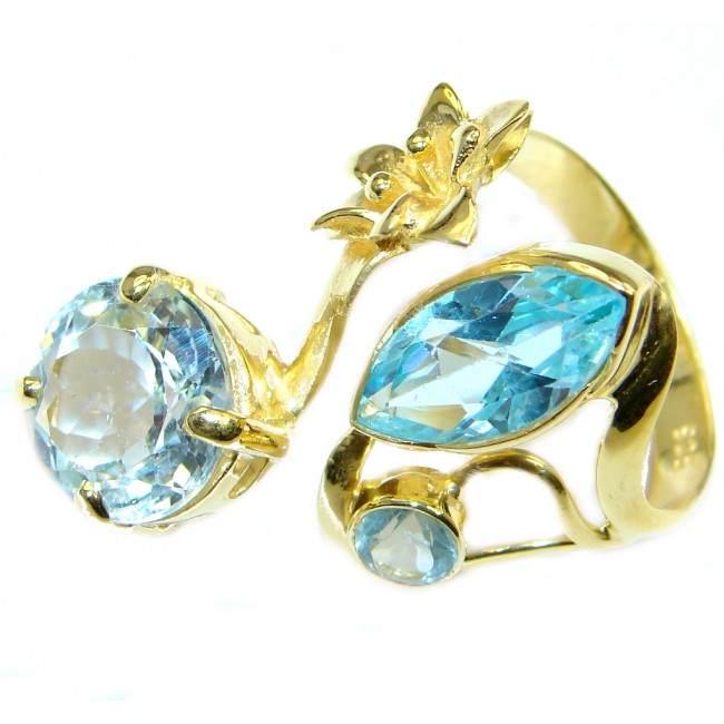Large Natural Swiss Blue Topaz Gold plated over Sterling Silver Ring size adjustable