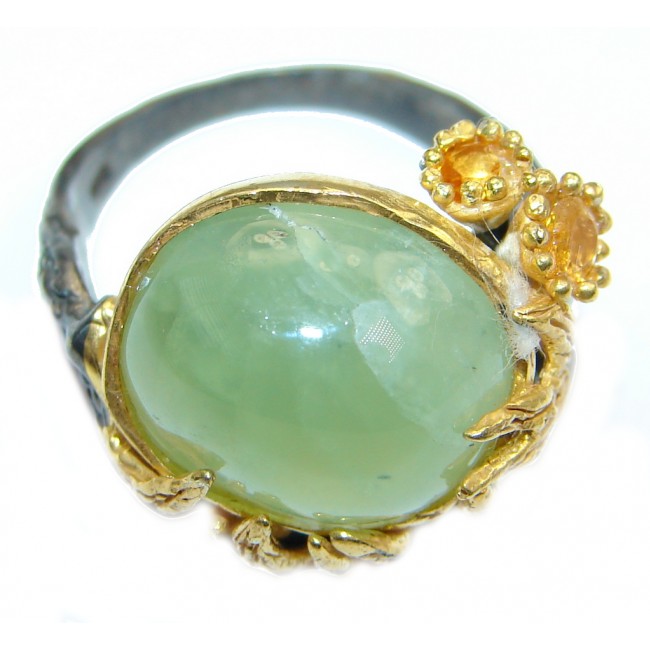 Jumbo Natural Prehnite Yellow Sapphire Gold plated over 925 Sterling Silver Ring Size 8