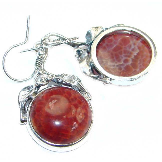 Great Floral Design Orange Mexican Agate Sterling Silver handmade earrings